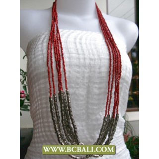 Fancy Long Braided Necklace Red Beaded mixed Metal